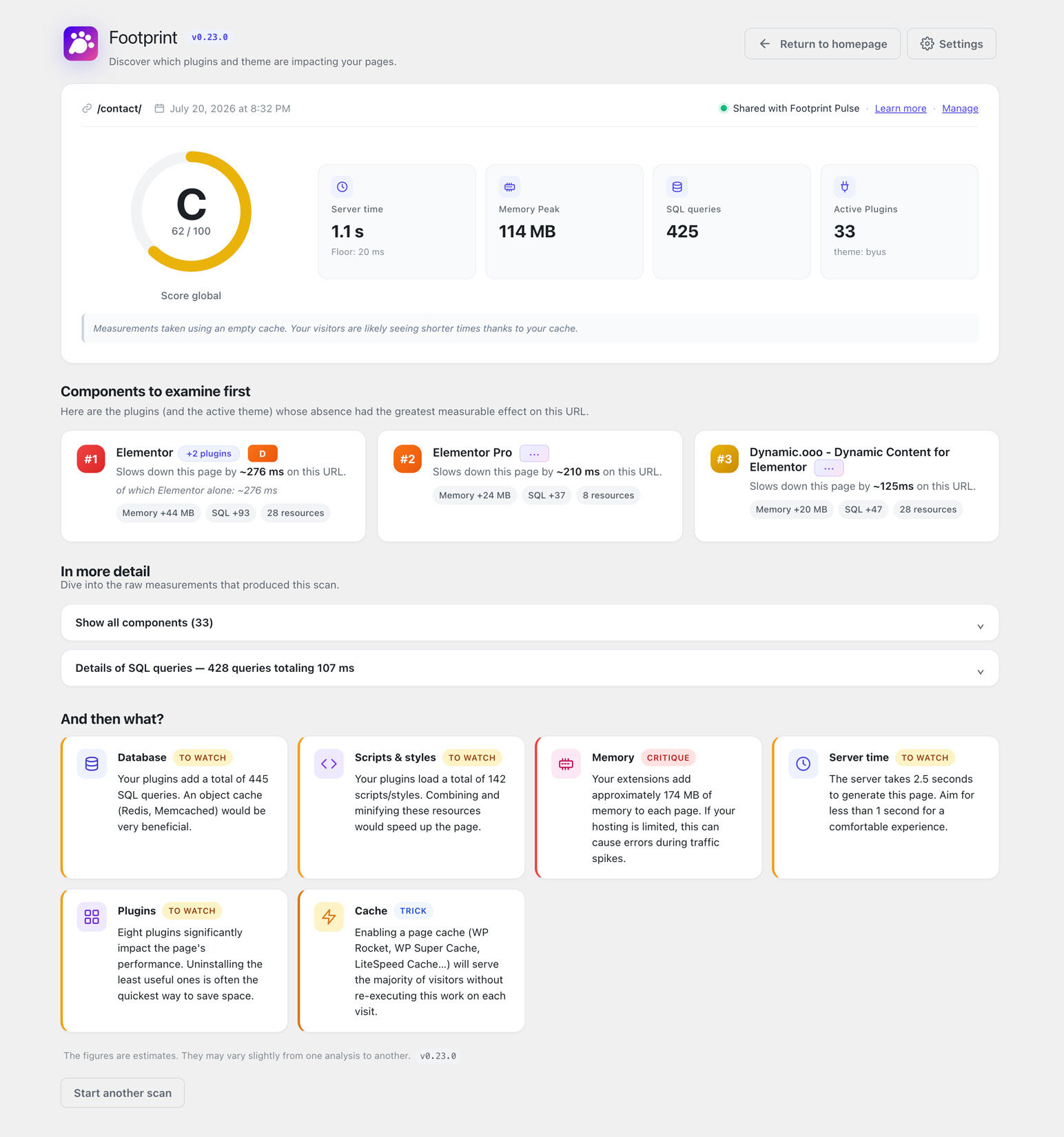 A readable scan report: global score, components to examine first, and actionable recommendations.