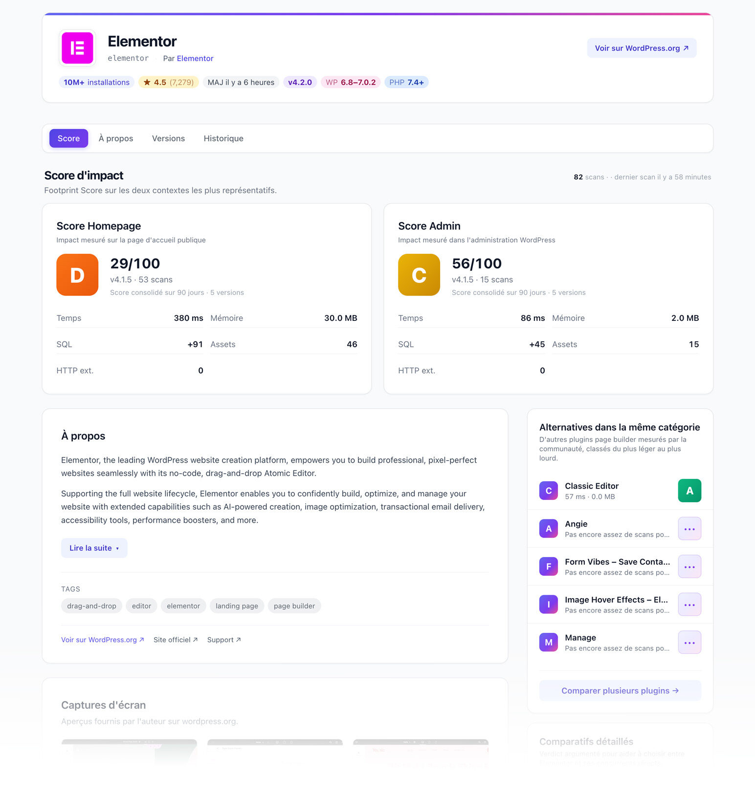 Each plugin's public page on WP Footprint Pulse, with its homepage and admin score.