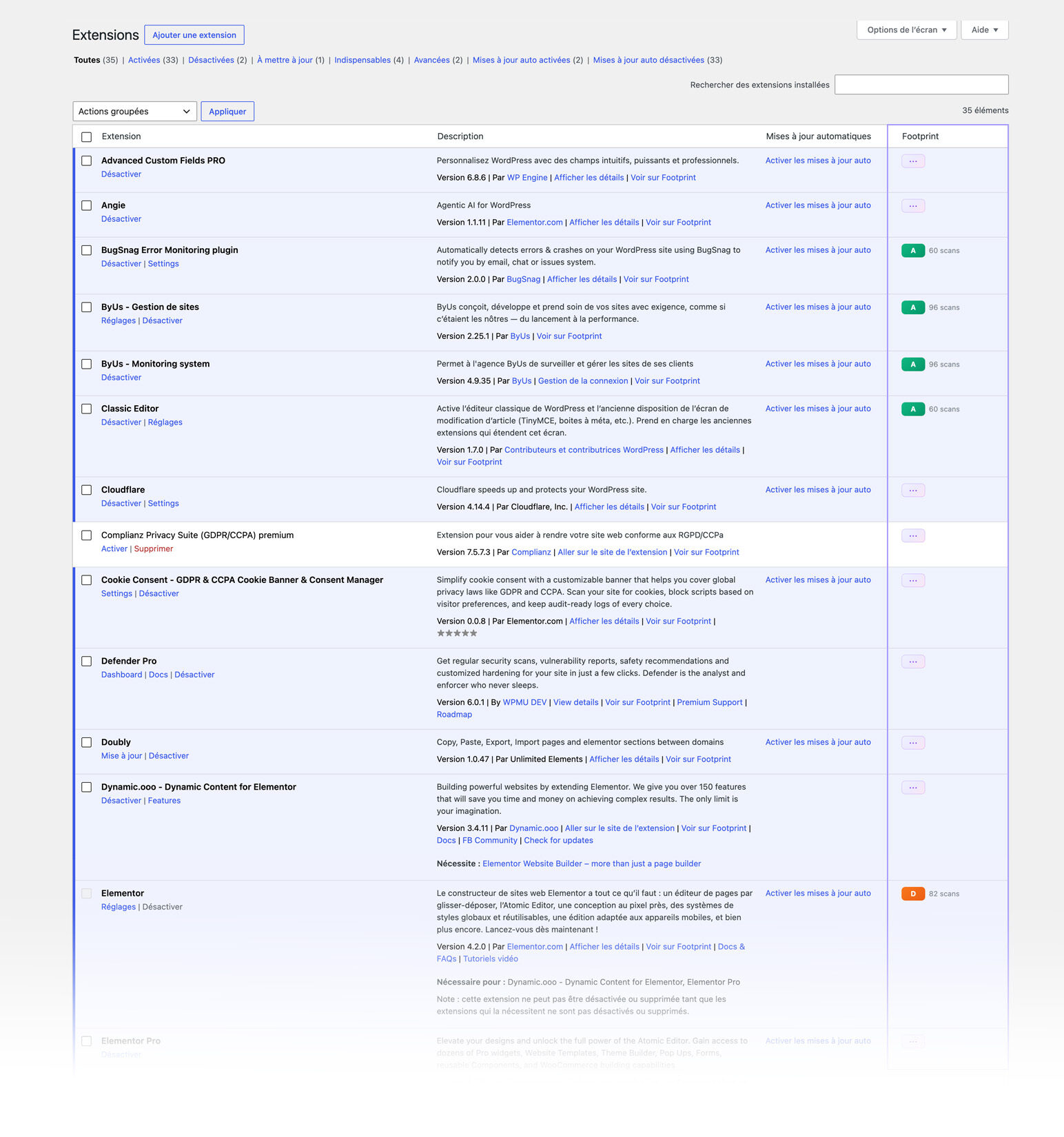 The Footprint Score shows up right inside your plugins list.
